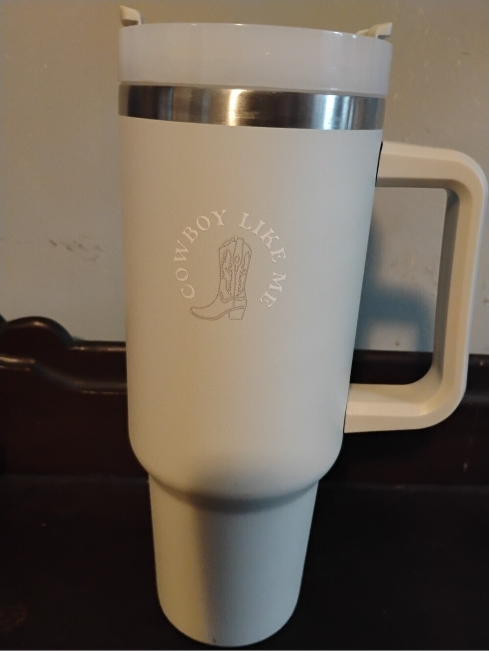 Altar'd State White Travel Mug with Handle and Lid - 'Cowboy Like Me' Design